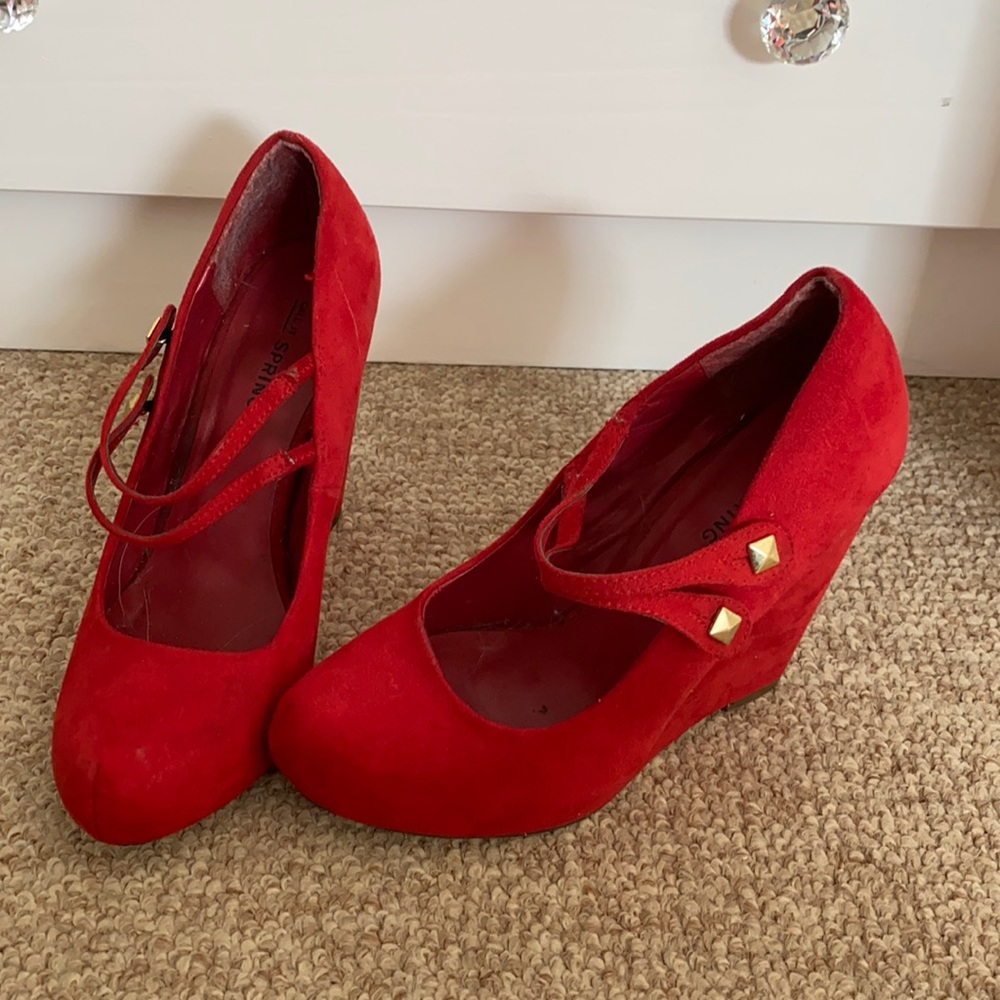 Call it spring Red suede wedges!